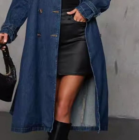 Denim Trench Coat Double Breasted Button-Up Collared Longline Belt Jean Jacket - Picture 10 of 12